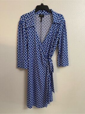 Laundry by Design Honeycomb Blue & White 3/4 Sleeve Wrap Midi Dress Size 10